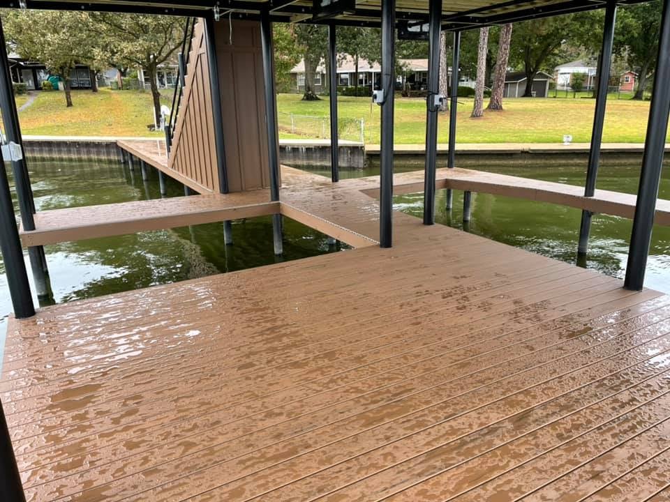 Deck pictured facing the land with wet floors